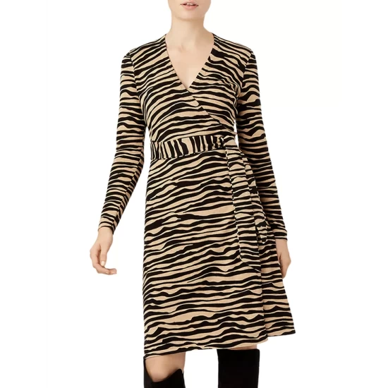 New βοΈ HOBBS LONDON Zadie Zebra Stripe Wrap π Dress - 100% Exclusive Camel Black β